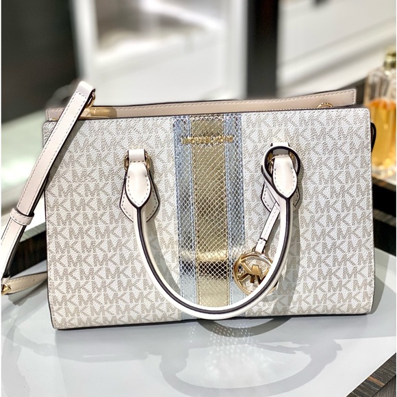 Michael Kors Sheila Medium Signature Logo and Metallic Satchel Crossbody - Picture 11 of 16